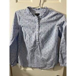 Talbots Shirt Womens Petite Small Blue Stripe Ruffle Neck Button Chambray Cotton